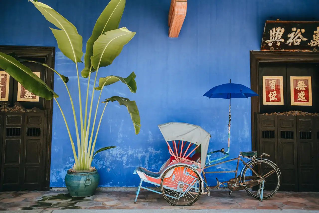 Colorful trishaw and a large plant against the vibrant blue wall of Cheong Fatt Tze, The Blue Mansion, in Penang