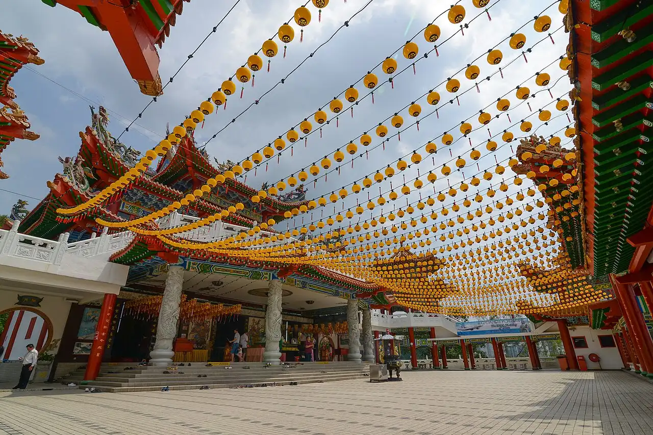 Thean Hou Temple in Kuala Lumpur, Malaysia, decorated with vibrant yellow lanterns, an iconic cultural landmark
